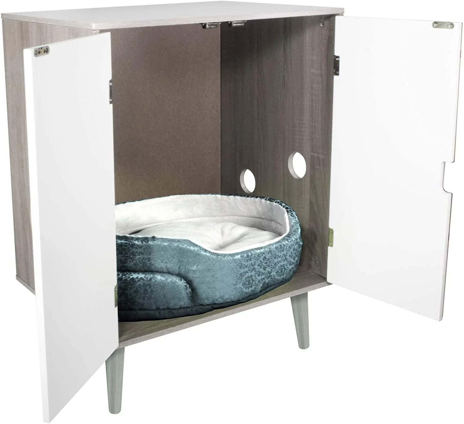 Penn-Plax Cat Walk Furniture: Contemporary Home Cat Litter Hide-Away Cabinet &ndash; Grey Wood Grain with White Doors