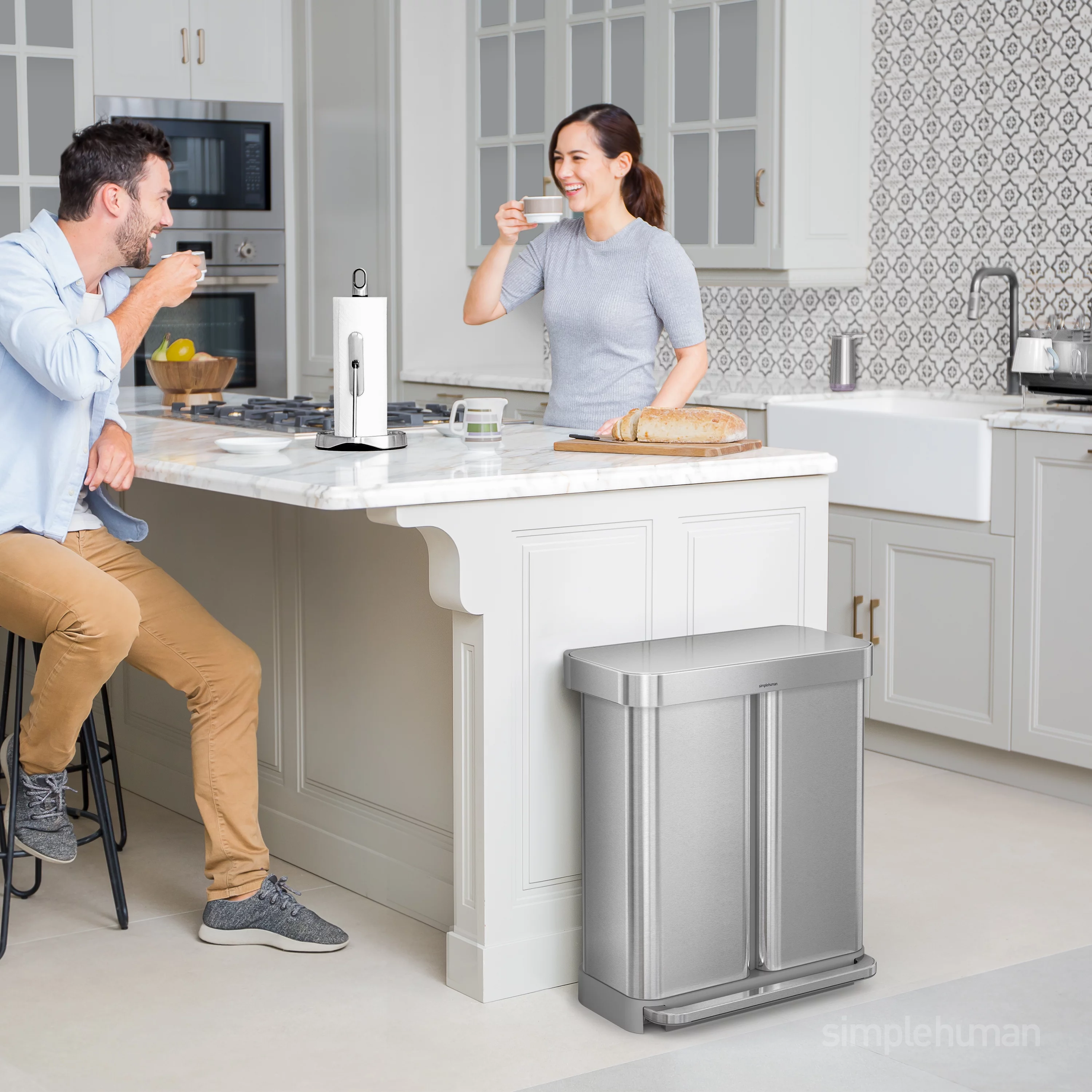 simplehuman 58 Liter / 15.3 gal Stainless Steel Dual Compartment Recycler Kitchen Step Trash Can, Brushed Stainless Steel - Radiant Selections