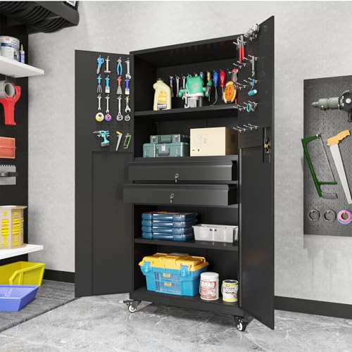71" Metal Garage Storage Cabinet with Drawers and Wheels Rolling Tool Chest Cabinet with Pegboards
