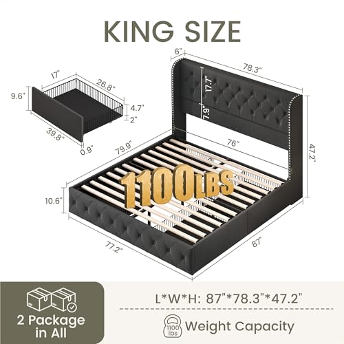 King Size Bed Frame with 4 Storage Drawers and Tufted Headboard Linen Upholstered Platform Bed Frame Wingback Beds with Wooden Slats Support