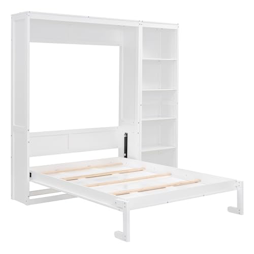 Ball & Cast Queen Size Murphy Bed,Murphy Bed Cabinet W/ 2 Five-Layer Cabinet,Hideaway Wall Bed W/LED Lights,Wood Hidden Bed Frame for Guest Room