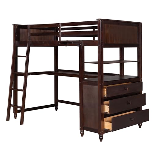 Harper & Bright Designs Full Loft Bed with Desk and Wardrobe,Solid Wood Loft Bed Frame Full with Storage Drawers for Kids Teens Adults