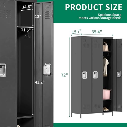 Metal Locker 3 Doors Storage Lockers for Employee,72" Tall Locker with Shelves and Hooks Steel Sports Locker for Office School Office Gym Home Garage