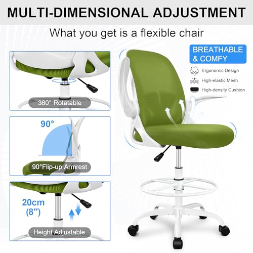 Primy Drafting Chair Tall Office Chair with Flip-up Armrests Executive Ergonomic Computer Standing Desk Chair with Lumbar Support and Adjustable