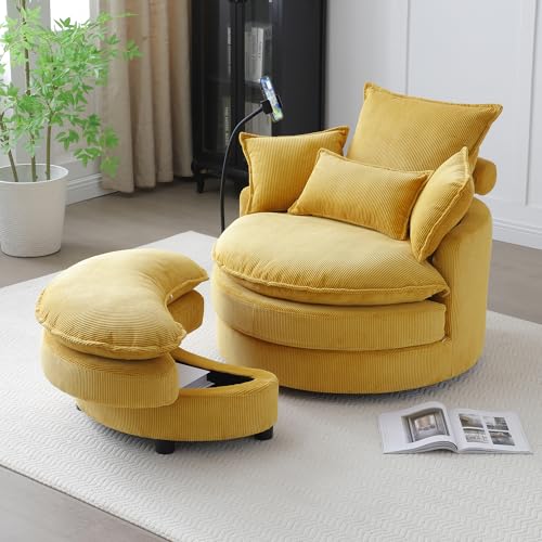360 Swivel Accent Barrel Chair with Storage Ottoman & Headrest