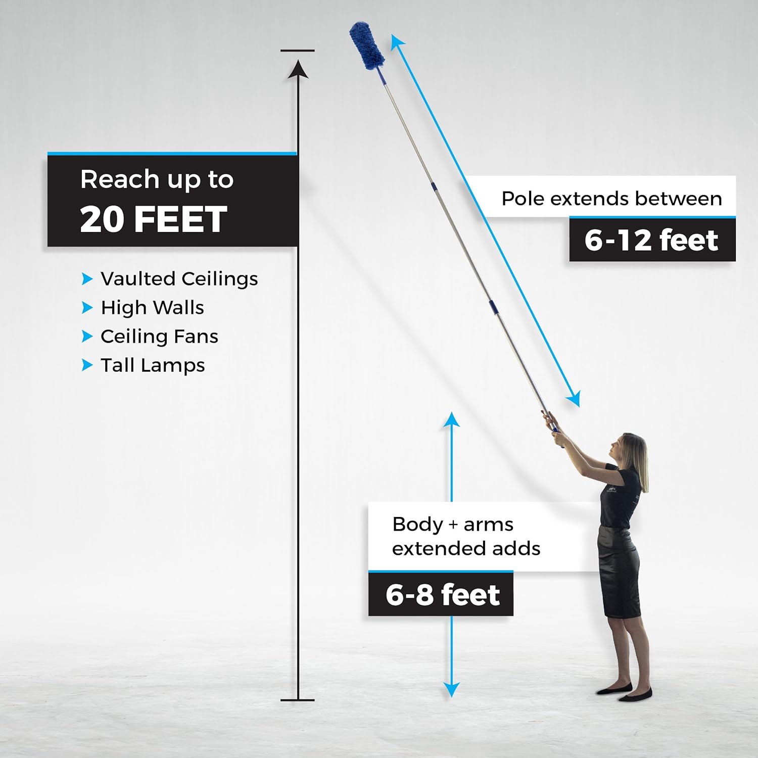 Blue Extension Rod Ceiling Duster with 18-20 feet Reach 3-Stage Aluminum Telescoping Pole - Cathedral, Cobweb, Microfiber