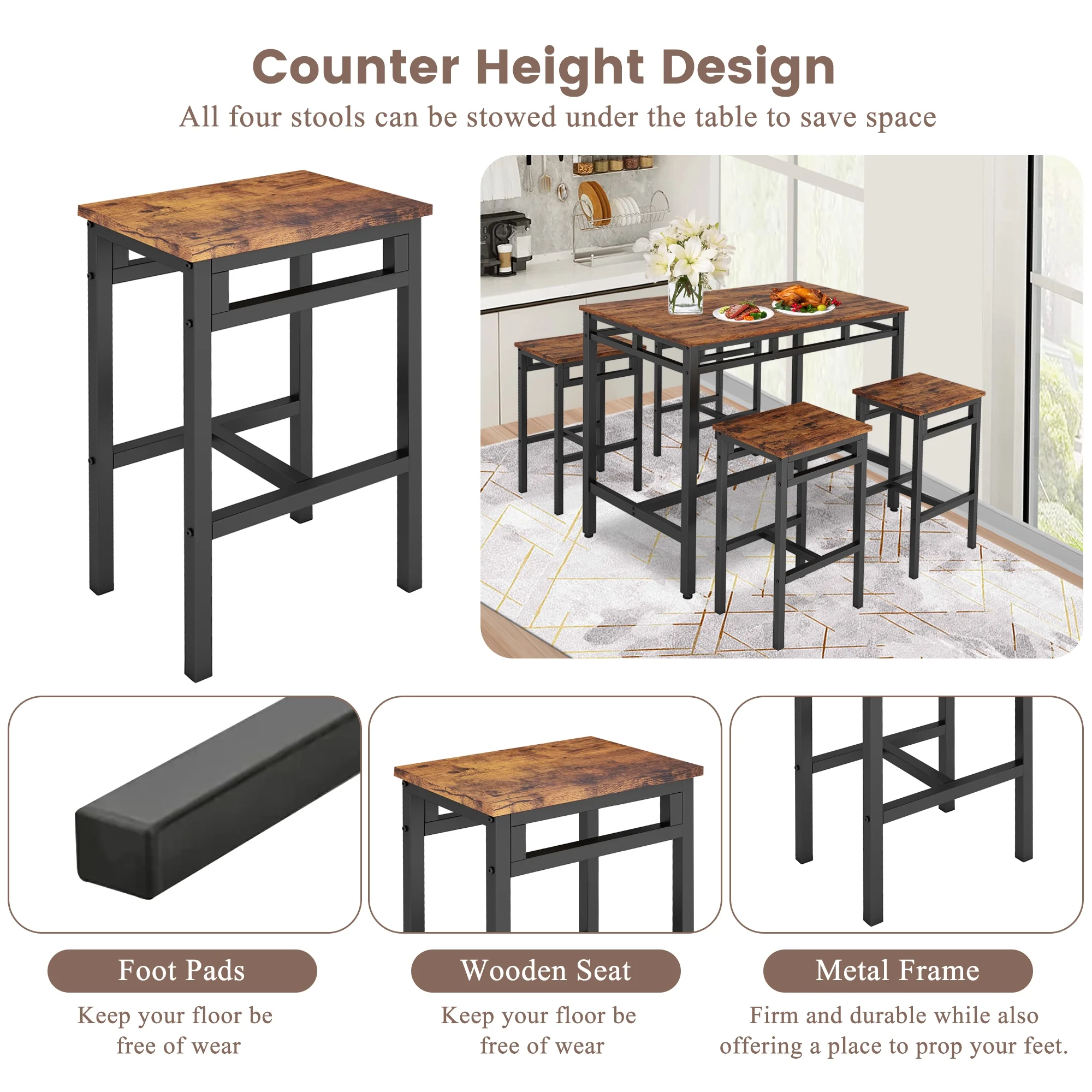 Kitchen Dining Table Set, 5-Piece Dining Table and Stools, Metal Frame Dining Room Set for 4, Modern Small Spaces Dining Furniture Set, Rustic Brown