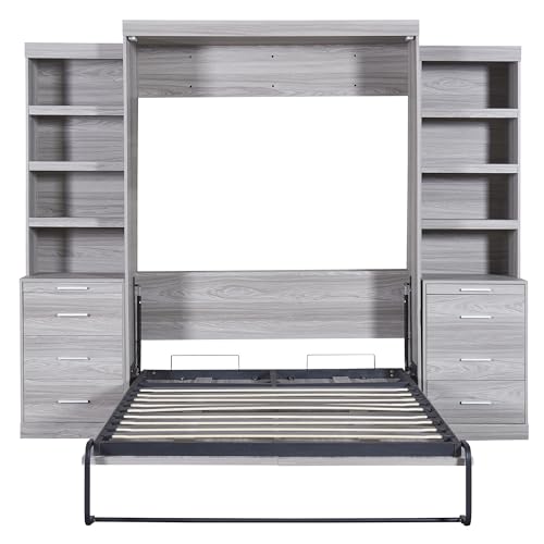 Full Size Murphy Bed with 2 Convertible Side Cabinet Storage Shelf, Foldable Wallbed Bedframe