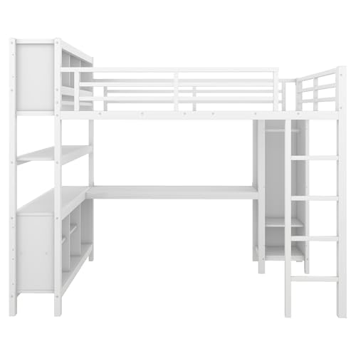 Harper & Bright Designs Full Loft Bed with Desk, Metal Loft Beds with Storage Shelves, Desk, and Wardrobe, Heavy-Duty Loft Bed Frame for Kids, Teens