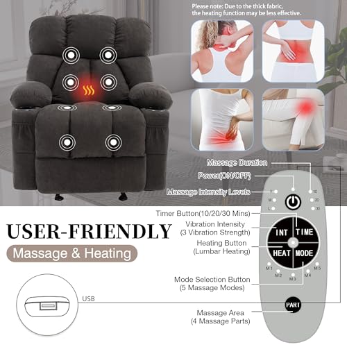 Recliner Chair with Massage and Heat, Rocker Recliner Chairs for Adults, Overstuffed Nursery Rocking Chairs for Living Room