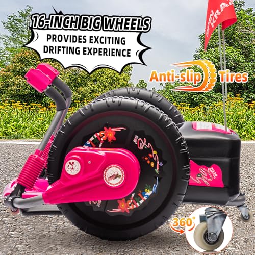 Electric Drift Kart with 16" Large Tyres, 360° Swivel Capability, Dual Lever Steering, 12V Ride On Toys for Boys and Girls from 3 Years Old