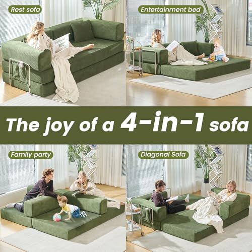 Convertible Sleeper Sofa Bed No Assembly Corduroy Upholstered Green Modular Floor Couch Queen/King Size Foldable Futon with Memory Foam for Apartment