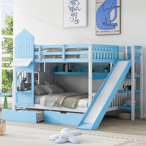 Harper & Bright Designs Twin Over Twin Bunk Bed with Stairs and Slide, Solid Wood Bunk Bed Frame with Storage Drawers and Bookshelf