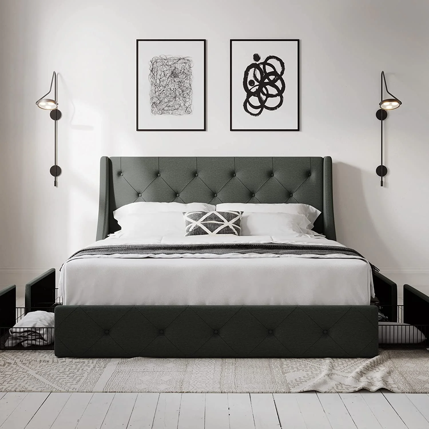 Allewie Queen Size Bed Frame with 4 Storage Drawers and Button Tufted & Wingback Headboard, Dark Grey