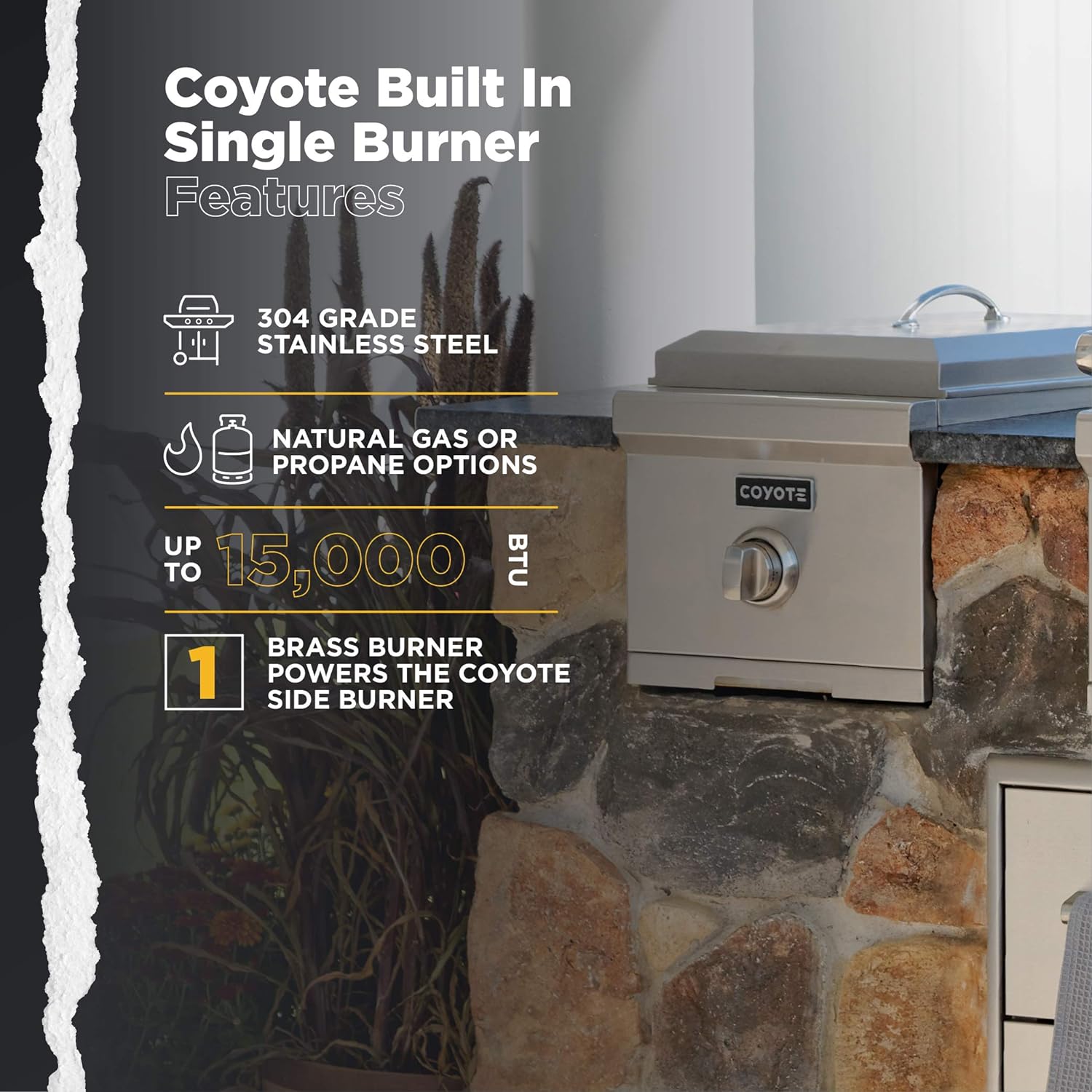 Coyote Stainless Steel Built-In Single Side Burner, Propane