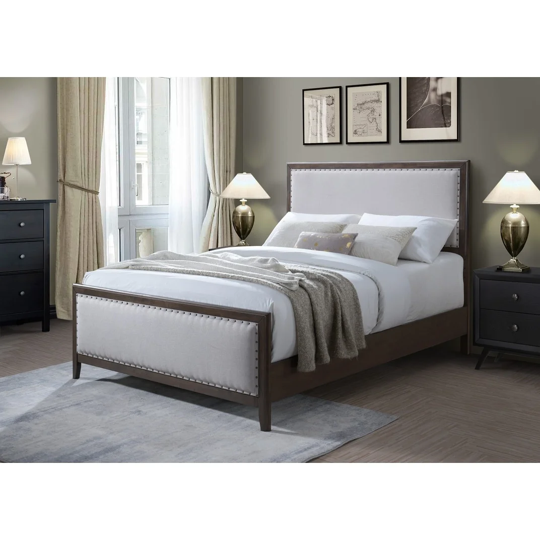 DG Casa Jessese Natural Solid Wood Upholstered Nailhead Trim Adjustable Platform Bed Queen