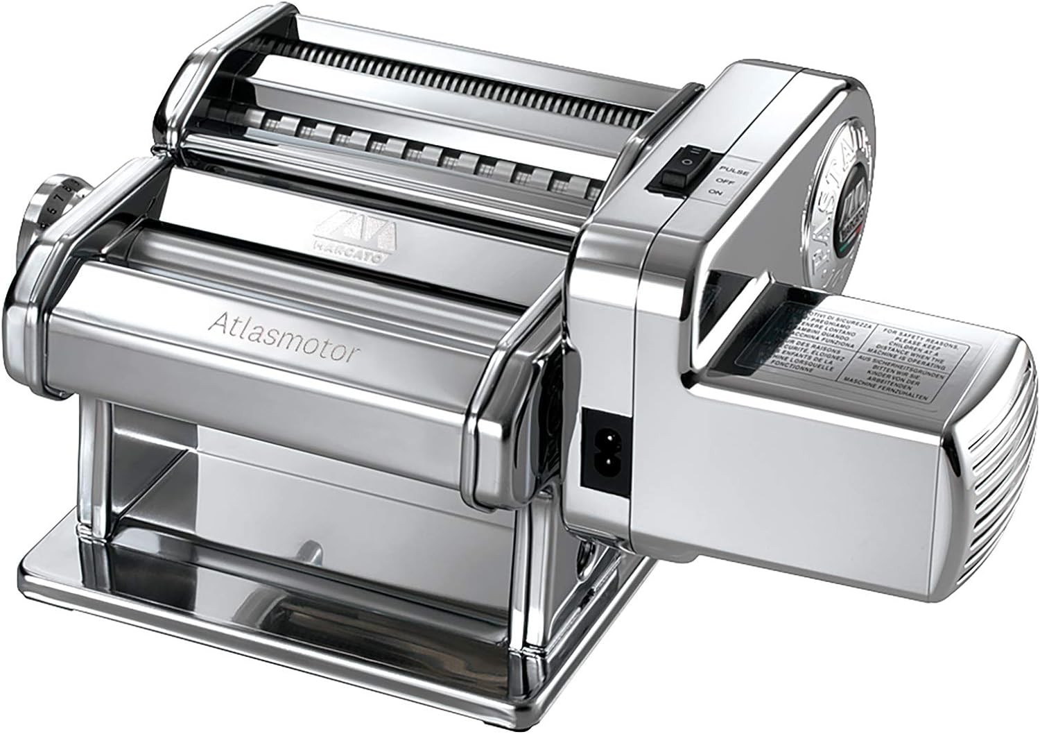 Made In Italy Atlasmotor 110V Electric Pasta Machine, Chrome Steel. Set Includes Atlas 150, Handcrank, Clamp, Pastadrive Motor, And Instruction Manual
