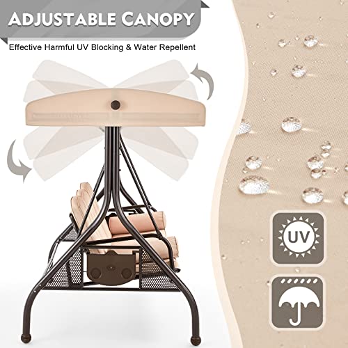HOMREST 3 Seat Outdoor Porch Swing with Adjustable Canopy, Convertible Patio Swing Bed with Stand, Patio Glider Swing with Upgraded Cup Holder
