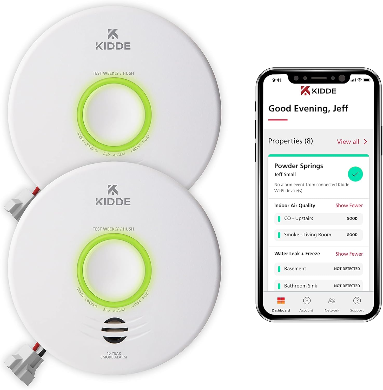 Kidde Smart Smoke & CO Detector WiFi Alexa Compatible Hardwired w/Battery Backup Voice App Alerts Smoke Detector 2 Pack