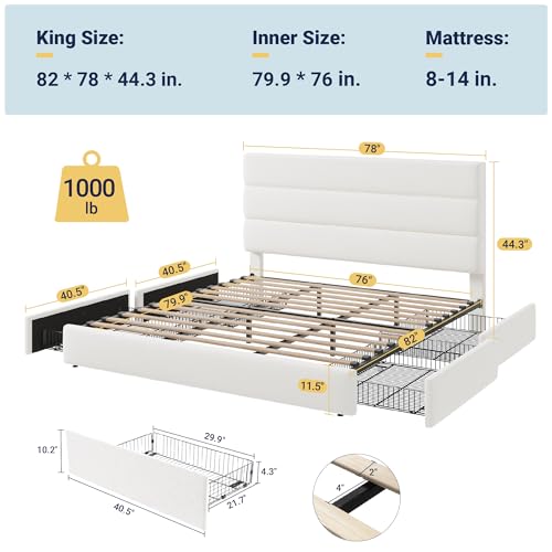 Allewie Modern Full Size Platform Bed Frame with 4 Storage Drawers and Velvet Upholstered Headboard, Wooden Slats Support