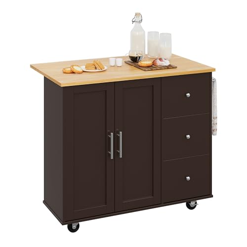 Shintenchi Rolling Kitchen Island Cart with Folding Drop Leaf Breakfast Bar, Portable Trolley Island with Large Storage Cabinet, Shelf and Drawer