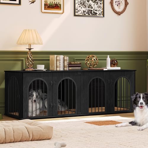 71" Dog Crate Furniture for 2 Dogs, Heavy Duty Indoor Dog Kennel TV Stand, XXL Wooden Dog Cage with Divider for Medium Large Dogs