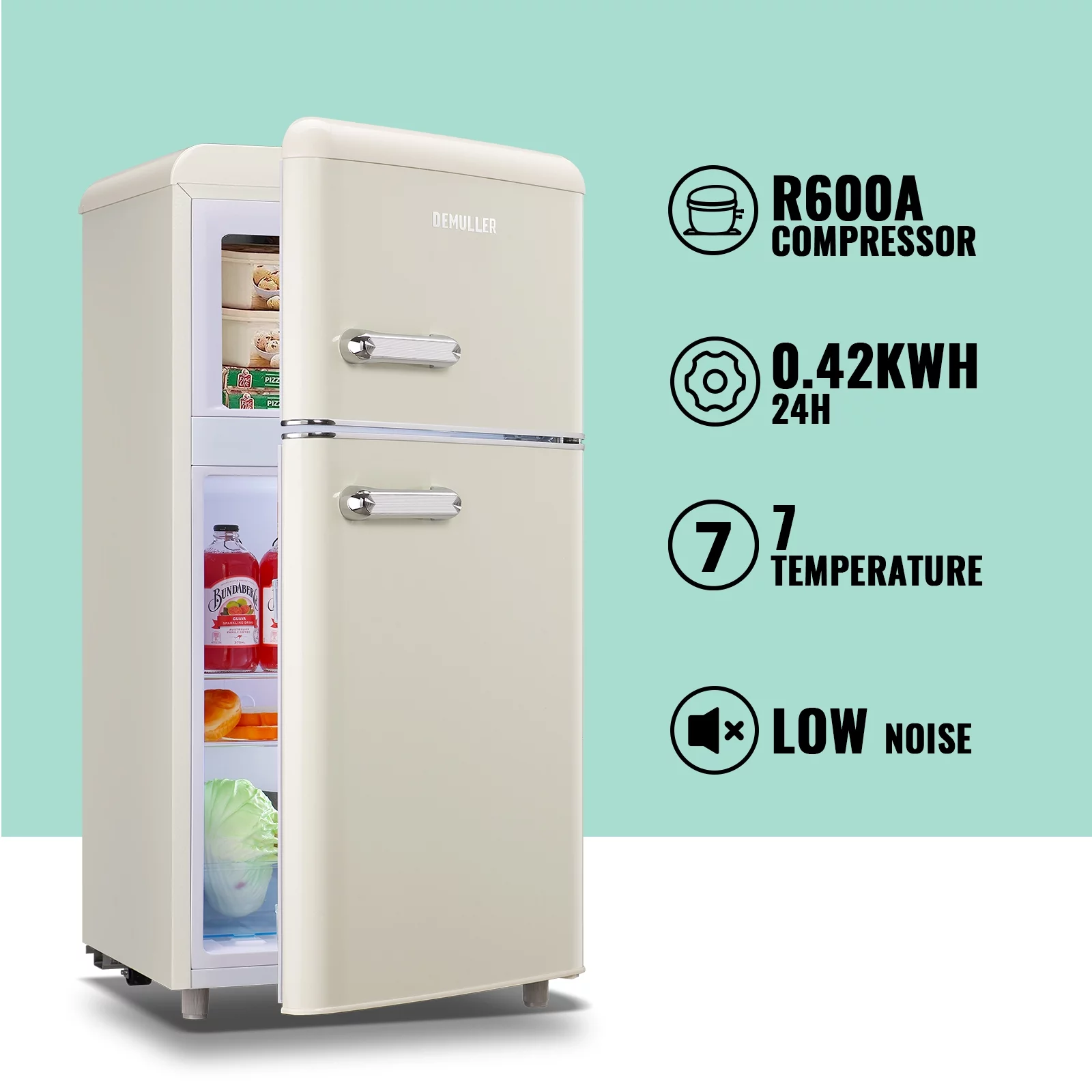 DEMULLER Mini Refrigerator Dual Door Fridge with Handle 7 Speed Temperature Control YX-100-Black