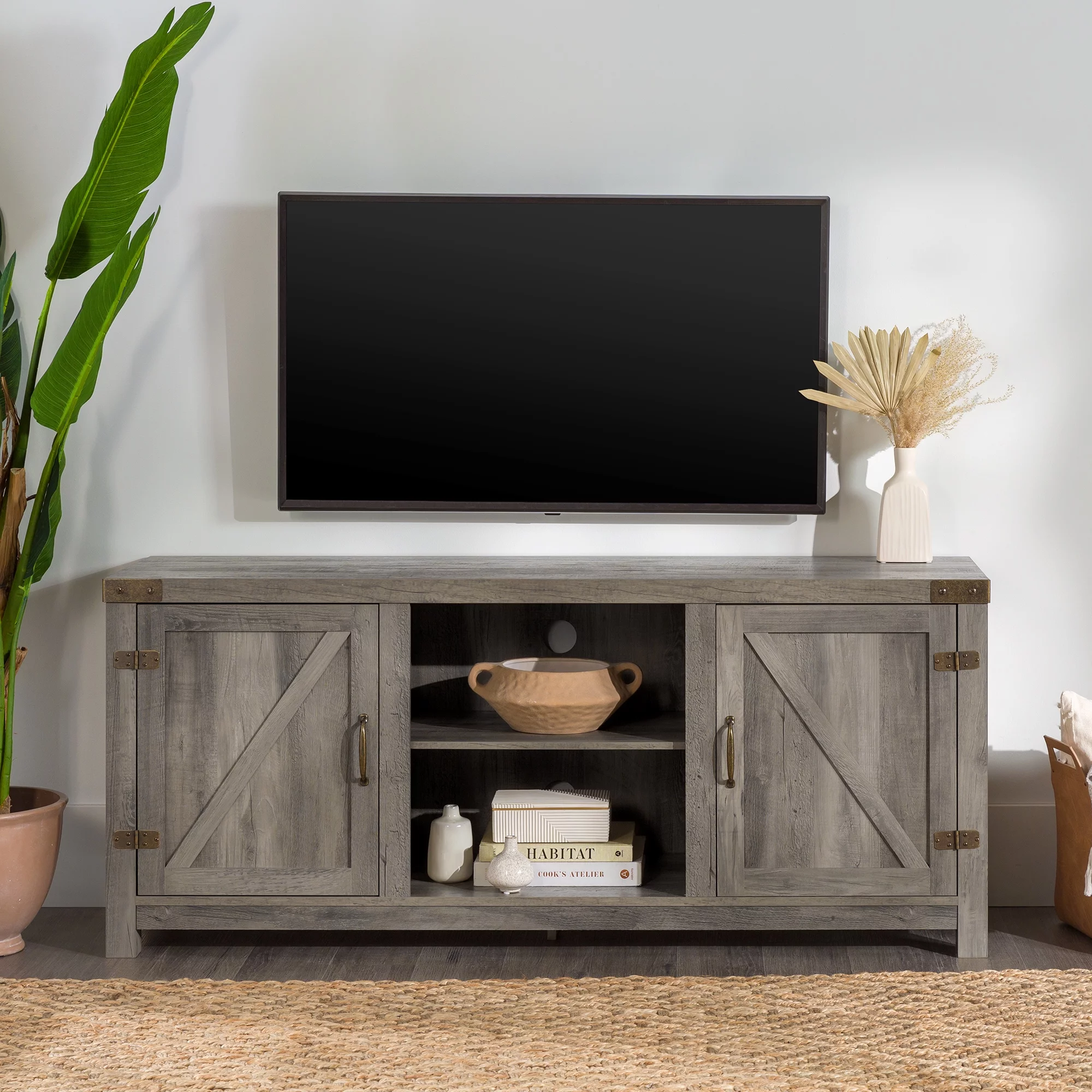 Walker Edison Modern Farmhouse Barn Door TV Stand for TVs up to 65, Grey Wash
