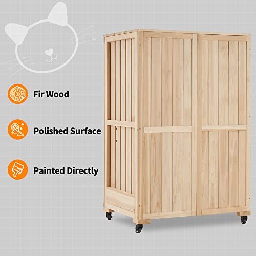 MCombo Luxury Cat House with Scratching Post, Wooden Multi Feature Large Cat Condo with Escape Door and Wheels