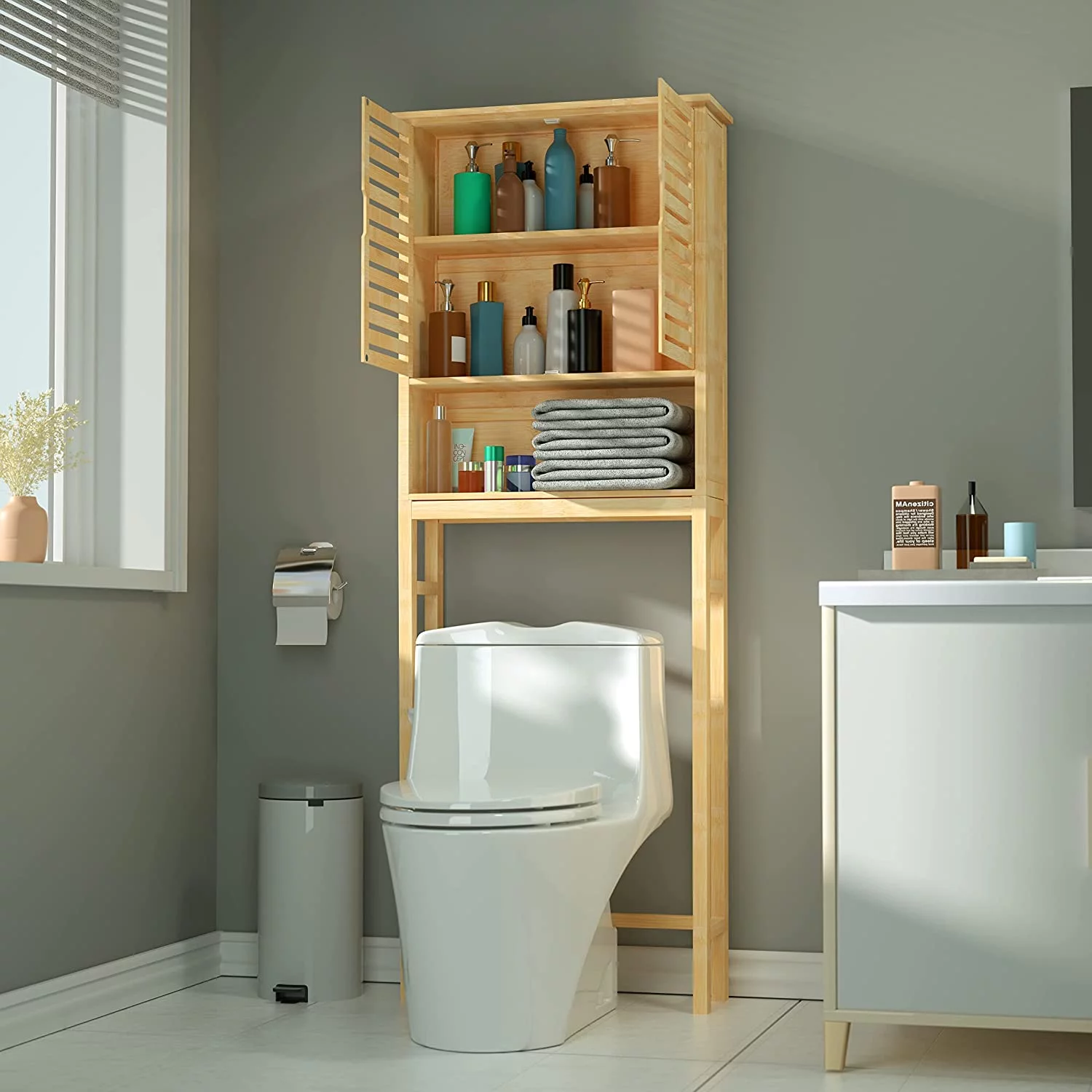Bamboo Over-The-Toilet Storage Cabinet Bathroom Organizer with Shelf and Cupboard, Freestanding Small Over The Toliet Cabinet, Space Save, Natural