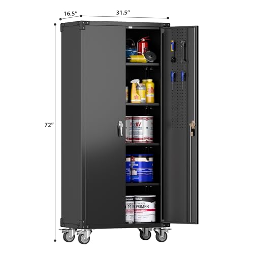 71" Metal Storage Cabinet with Wheels and Pegboard, Lockable Rolling Steel Storage Cabinet with 5 Adjustable Shelves and Door for Garage, Office
