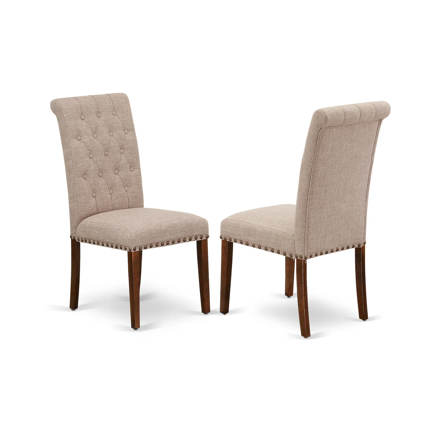 HomeStock Antique Ambiance 5Pc Dining Set Includes A Round Dinette Table And Four Parson Chairs With Light Fawn Fabric, Mahogany Finish