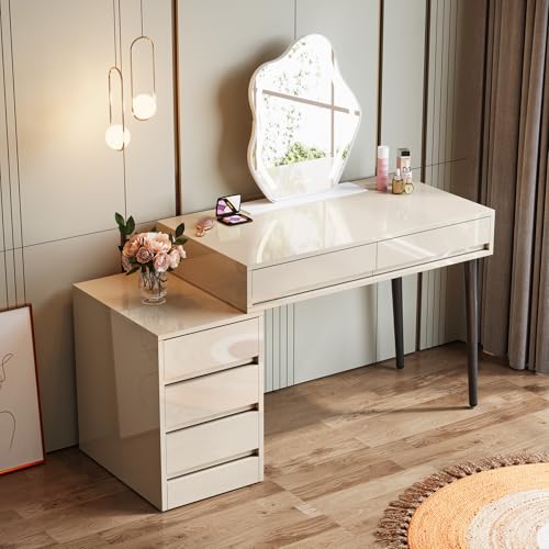 Tribesigns Gloss Desk with 5 Drawers, Modern Home Office Desk with Storage Drawers and Printer Stand