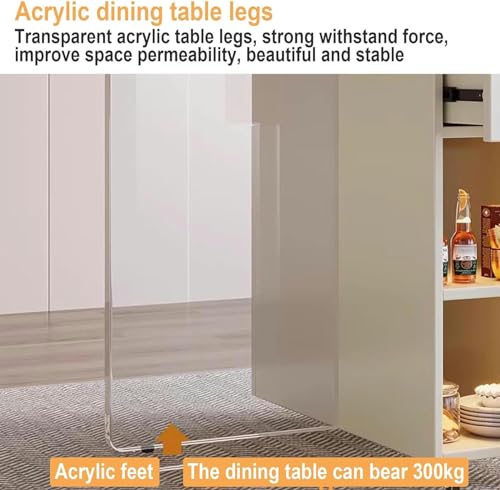 Folding Dining Table with Storage Rack, Drawers, Acrylic Table Legs and Slate Tabletop