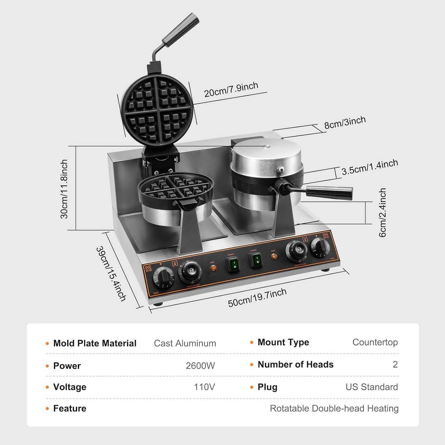 Belgian Waffle Maker 2600W Commercial Waffle Maker Double Waffle Maker 360° Rotating Large Stainless Steel Waffle Maker Non-stick Electric Chaffle