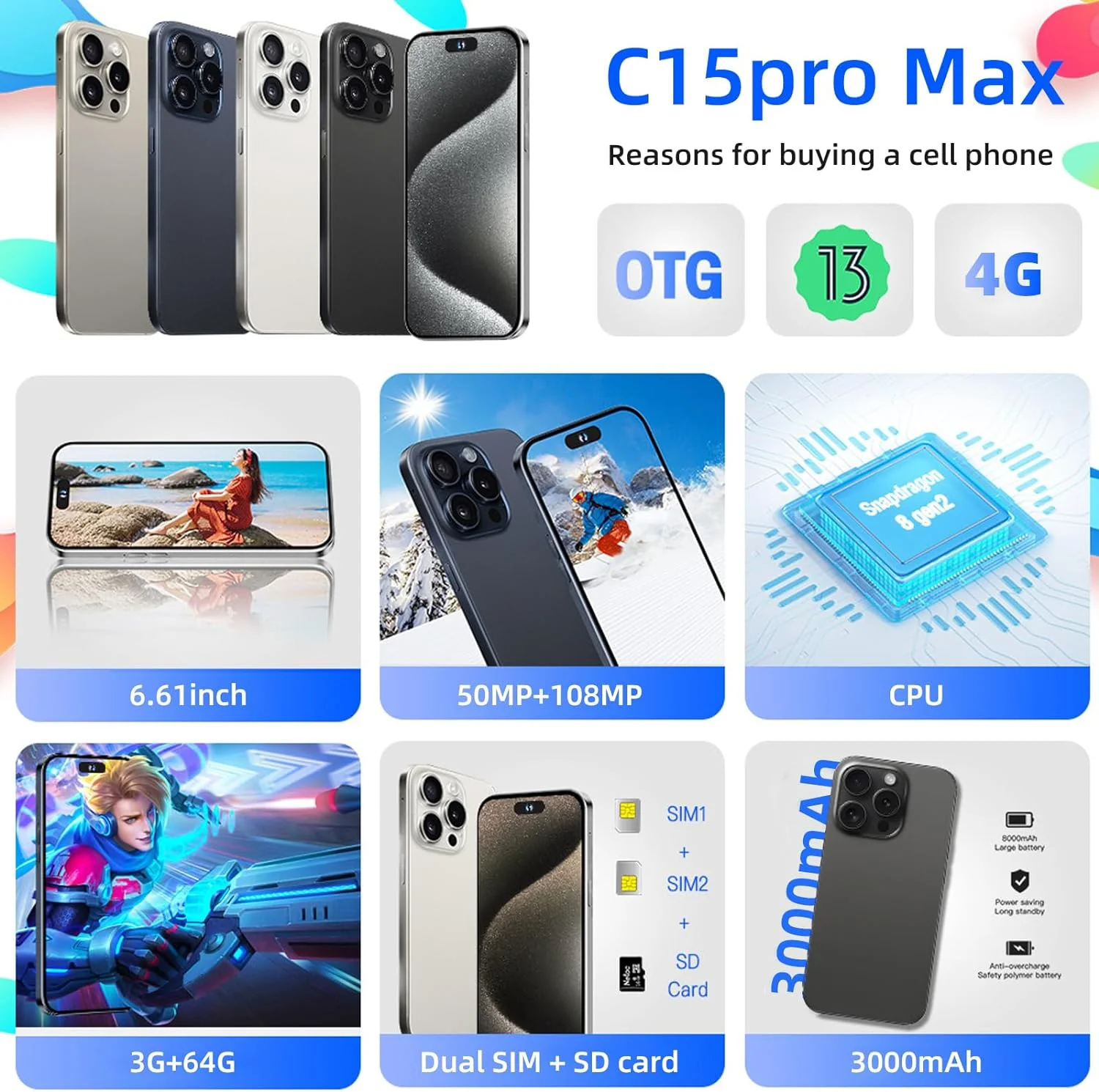 C15 Pro Max Smartphone 6.61in High-Definition Large Screen Smartphones Dual-SIM Phone 3000mAh Large-Capacity Battery Android Phone Unlocked Support