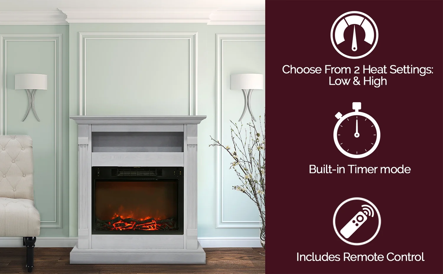 Cambridge Sienna 34" Freestanding White Mantel Electric Fireplace Heater with Realistic Flames & Log Insert | Fireplace Console Heater For Rooms up