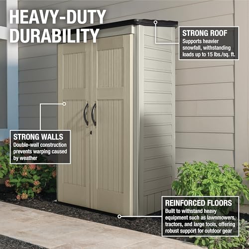 Rubbermaid Vertical Resin Outdoor Storage Shed With Floor (4 x 2.5 Ft) Weather Resistant Beige/Brown Organization for Home/Backyard/Pool