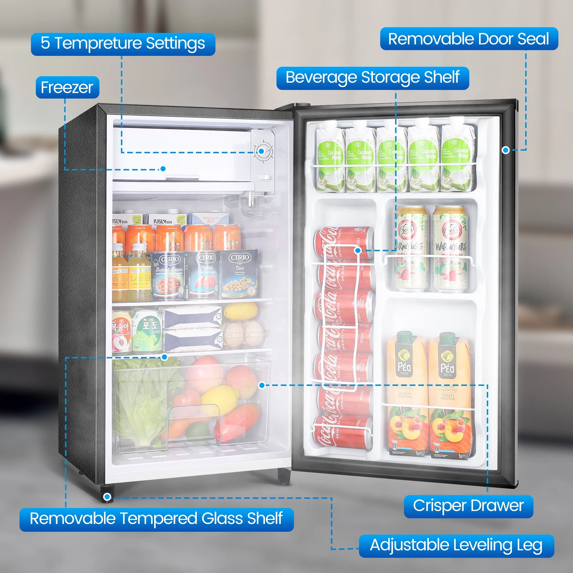WANAI 3.2 Cu ft One Door Mini Fridge,Silvery,New