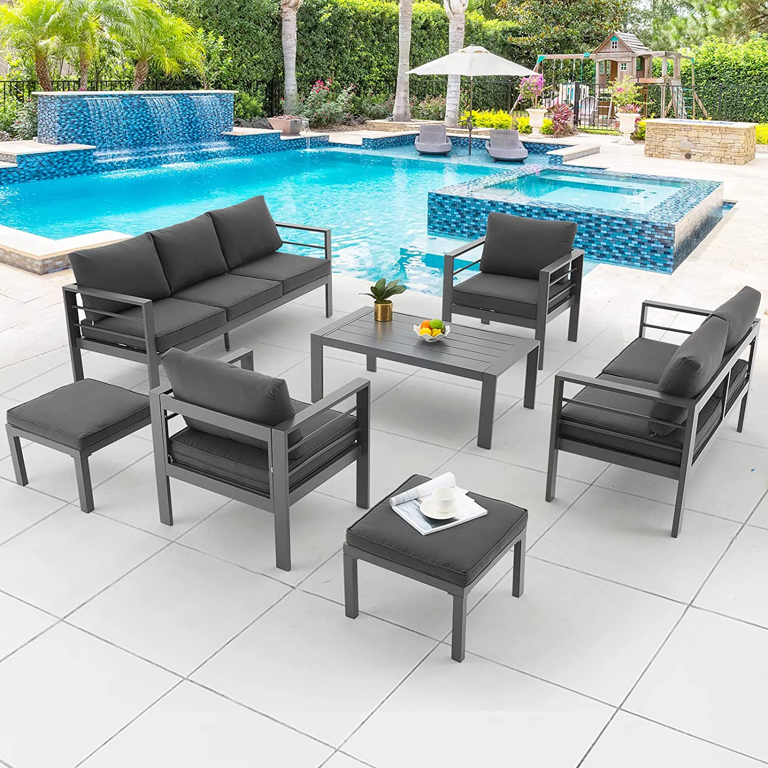AECOJOY Aluminum Outdoor Furniture Set 7 Pieces Sectional Sofa Patio Conversation Set - Dark Gray
