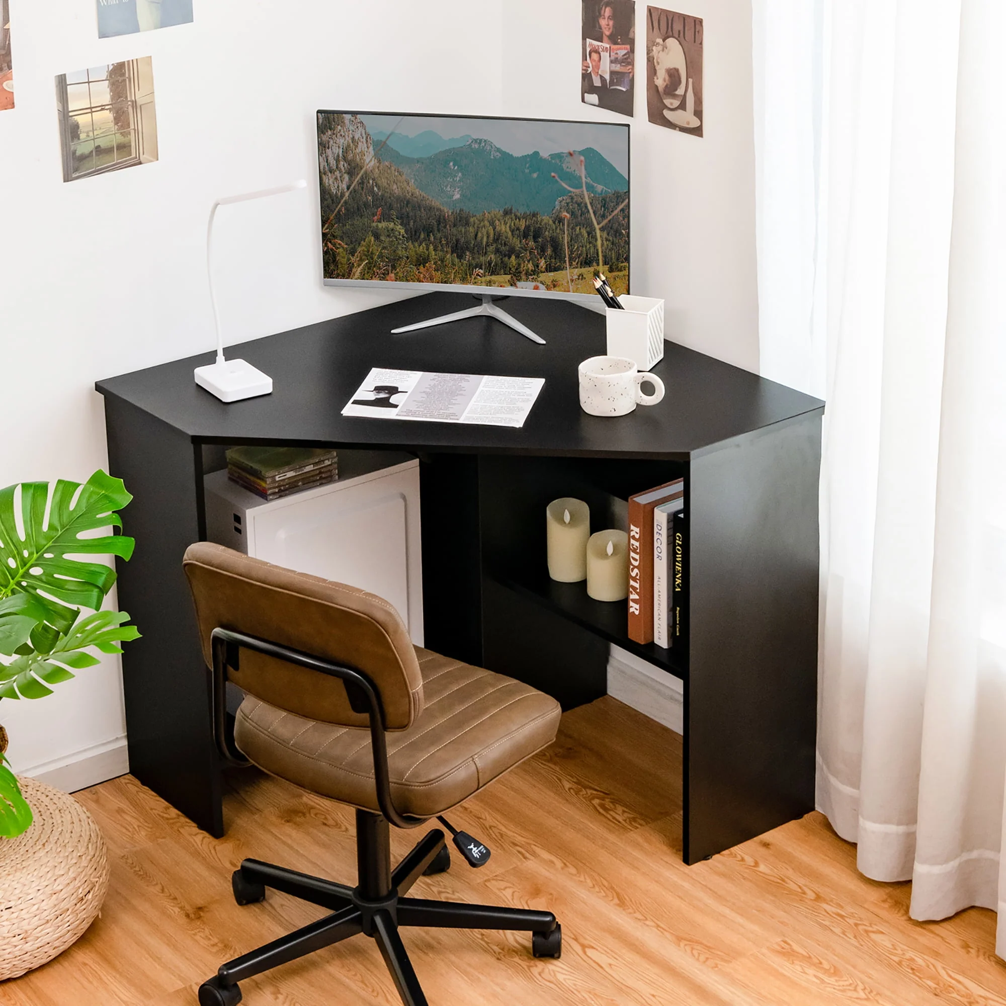 Costway Corner Computer Desk Triangle Writing Workstation w/Storage Shelf Rustic
