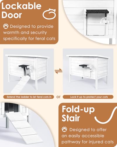 Ivy&Lane Outdoor-Cat-House | Insulated-Feral-Cat-Shelter | Weatherproof | for Winter | Foam & Wood | Large | for Multiple Cats | Fold-up Stair |