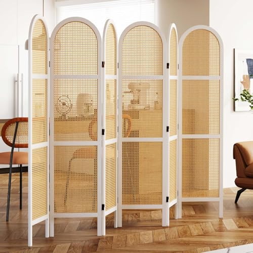 Room Divider and Folding Privacy Screens, Pine Wood 5.6 Ft Double Hinged Rattan Partition Freestanding Wall Room Divider for Home - 3 Panels