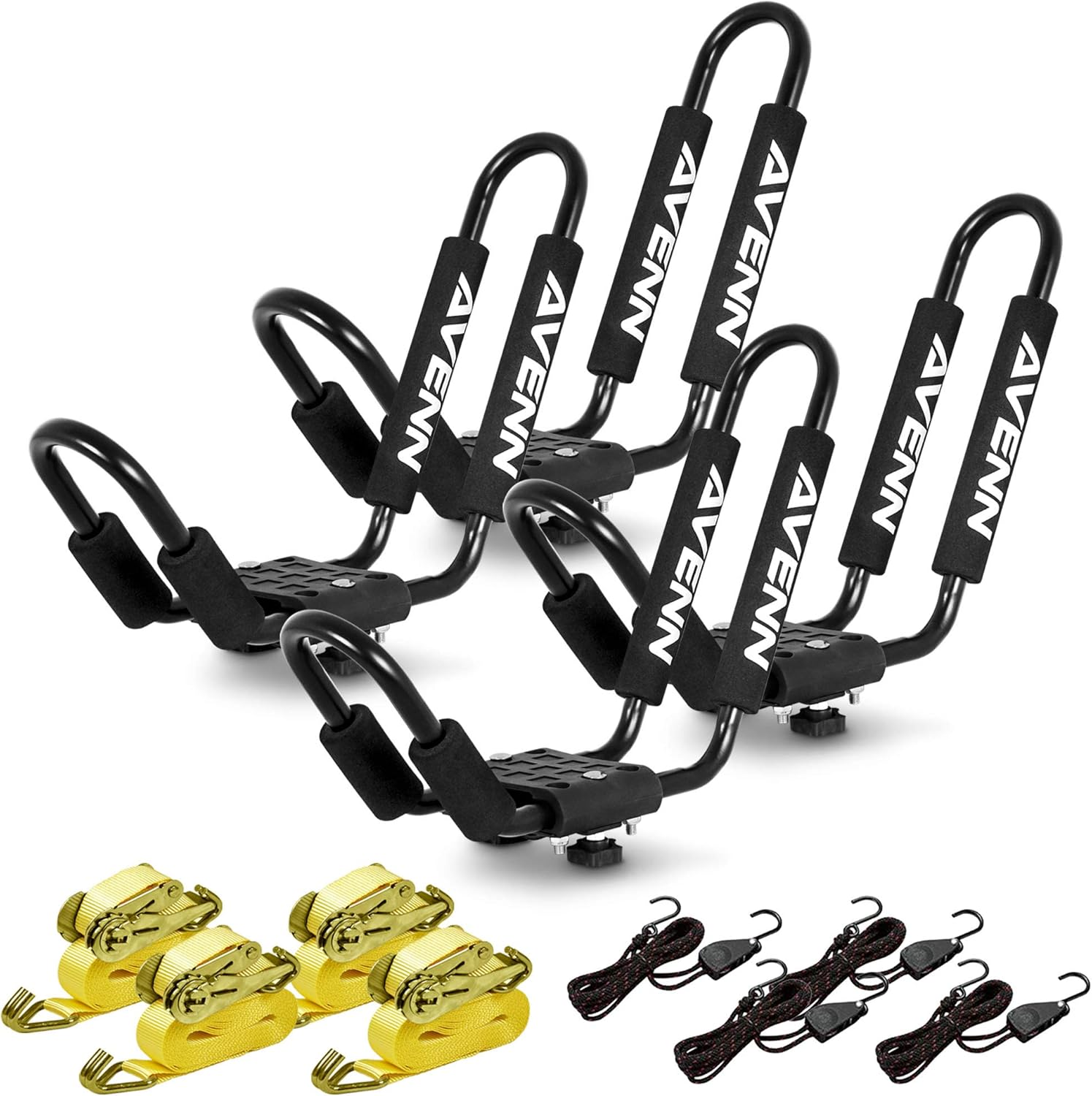 AVENN Rooftop J-Bar Kayak Rack for Canoe, Skis, Paddleboard or Surfboard, Heavy Duty Boat Carrier, Camping Storage Roof Mount for Car