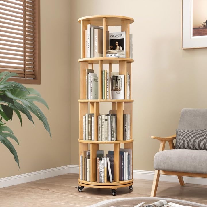 6 Tier Rotating Bookshelf Tower Spinning Bookshelf with Swivel Wheels Book Shelf Rotating Storage Tower for Kids Adult Narrow Walnut Solid Wood