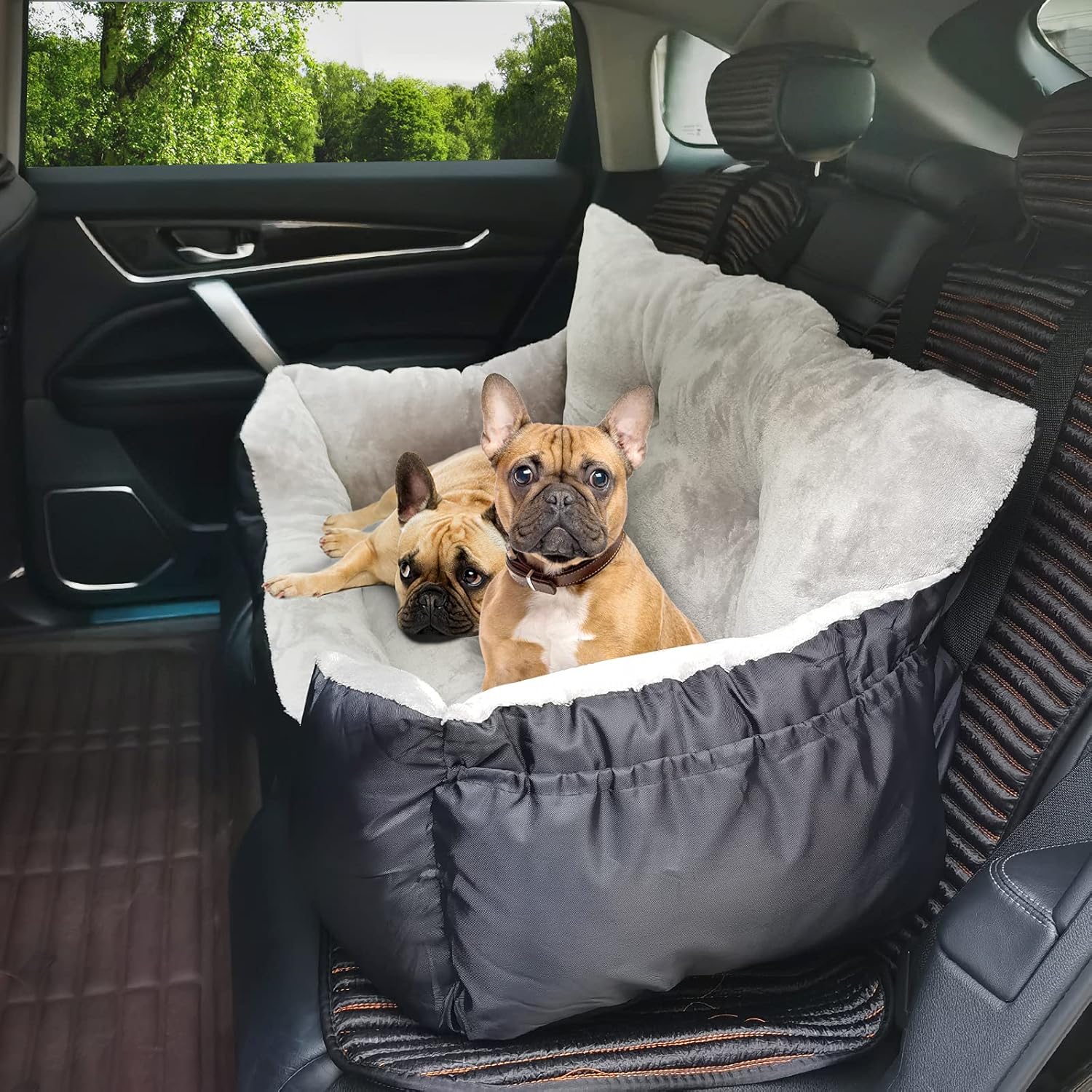Dog Car Seat,Puppy Booster Seat Dog Travel Car Bed with Storage Pocket and Clip-on Safety Leash Removable Washable Cover for Small Dog (Grey