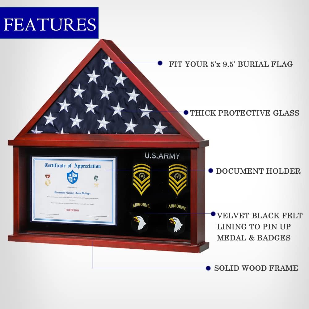 Flag Display Case for Folded Americian Flag with Certificate & Document Holder Display Frame Military Shadow Box for Army Navy Air Force Veterans