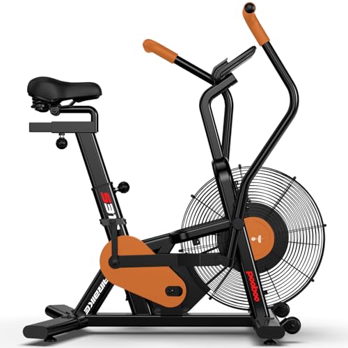 pooboo Exercise Bike, Stationary Bike for Home Gym, Air Resistance Bluetooth Fan Bike w/Dual Acction Handlebars & Dual-Layer Transmission System