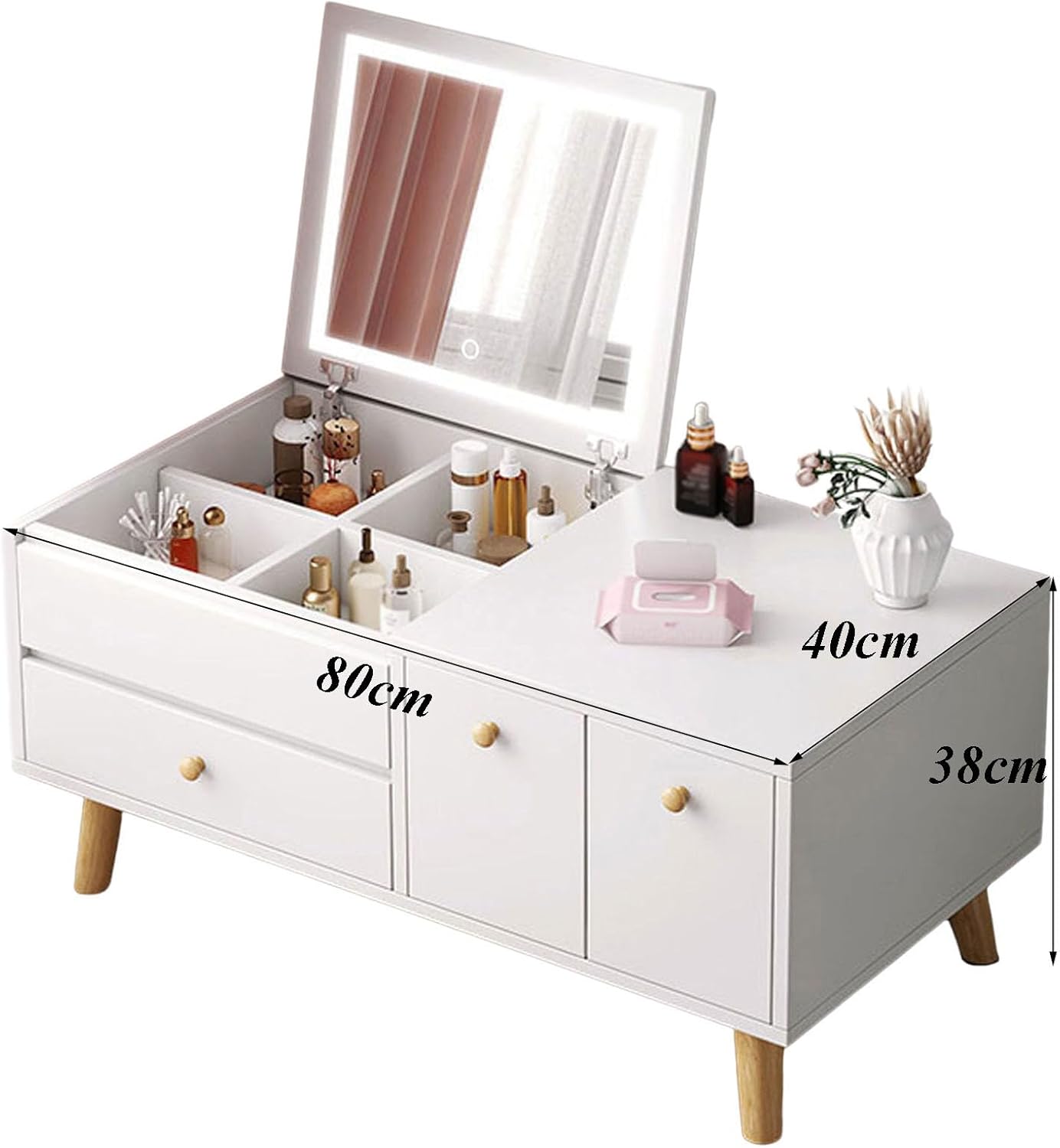 Dressing Table with Flip Top Mirror and Drawer, 3 Colors Touch Screen Adjustable Brightness