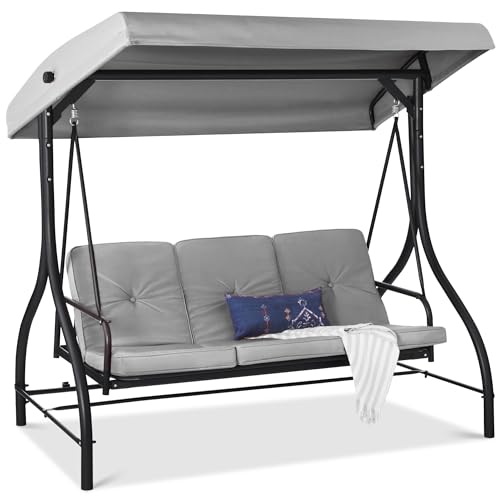Best Choice Products 3-Seat Outdoor Large Converting Canopy Swing Glider, Patio Hammock Lounge Chair for Porch, Backyard w/Flatbed, Adjustable Shade